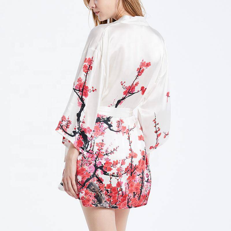 Short blossom print Silk Kimono for women Mulberry Silk Dressing Gown