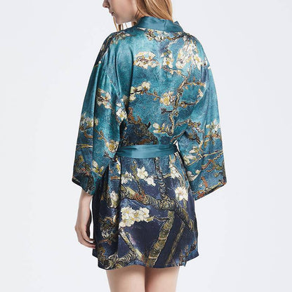 Short blossom print Silk Kimono for women Mulberry Silk Dressing Gown