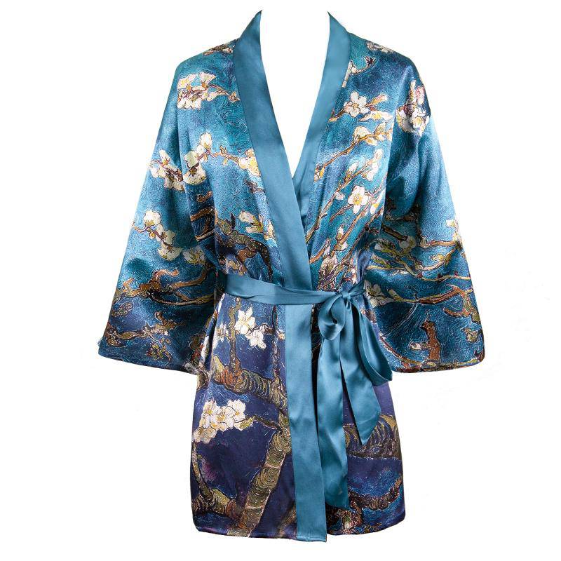 Short blossom print Silk Kimono for women Mulberry Silk Dressing Gown