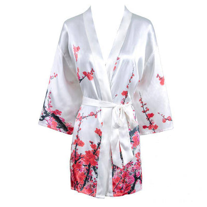 Short blossom print Silk Kimono for women Mulberry Silk Dressing Gown