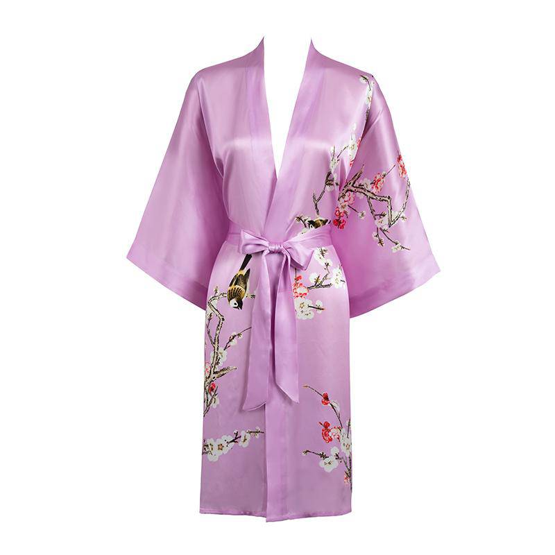 Short Silk Kimono Robe Cherry Blossom Silk Dressing Gown