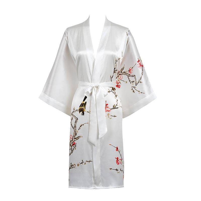 Short Silk Kimono Robe Cherry Blossom Silk Dressing Gown