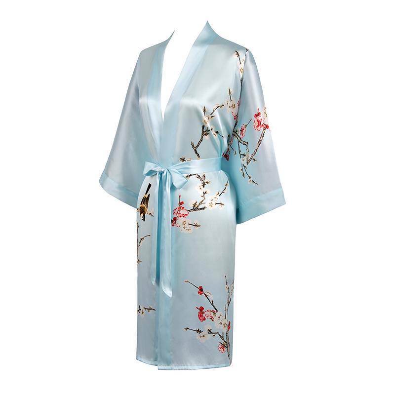 Short Silk Kimono Robe Cherry Blossom Silk Dressing Gown