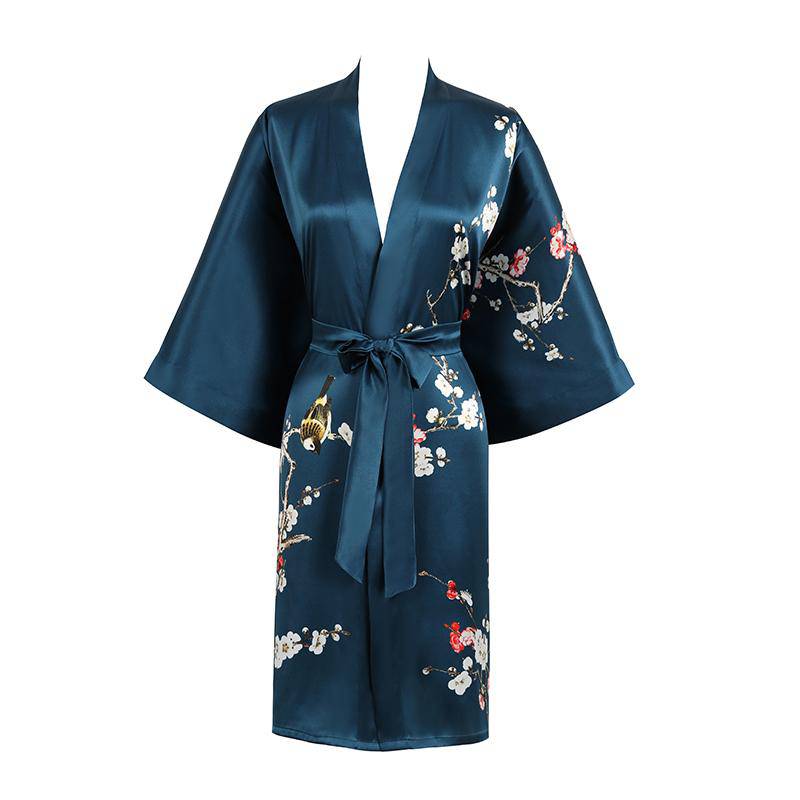 Short Silk Kimono Robe Cherry Blossom Silk Dressing Gown