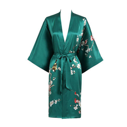 Short Silk Kimono Robe Cherry Blossom Silk Dressing Gown