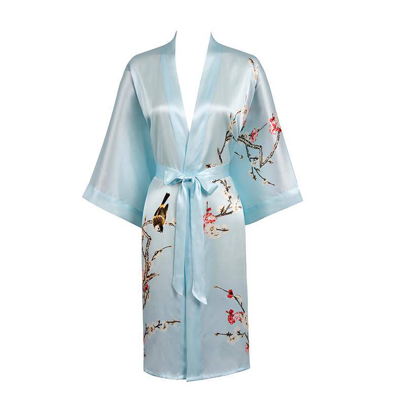 Short Silk Kimono Robe Cherry Blossom Silk Dressing Gown