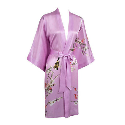 Short Silk Kimono Robe Cherry Blossom Silk Dressing Gown