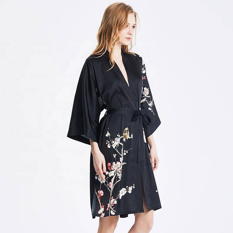 Short Silk Kimono Robe Cherry Blossom Silk Dressing Gown