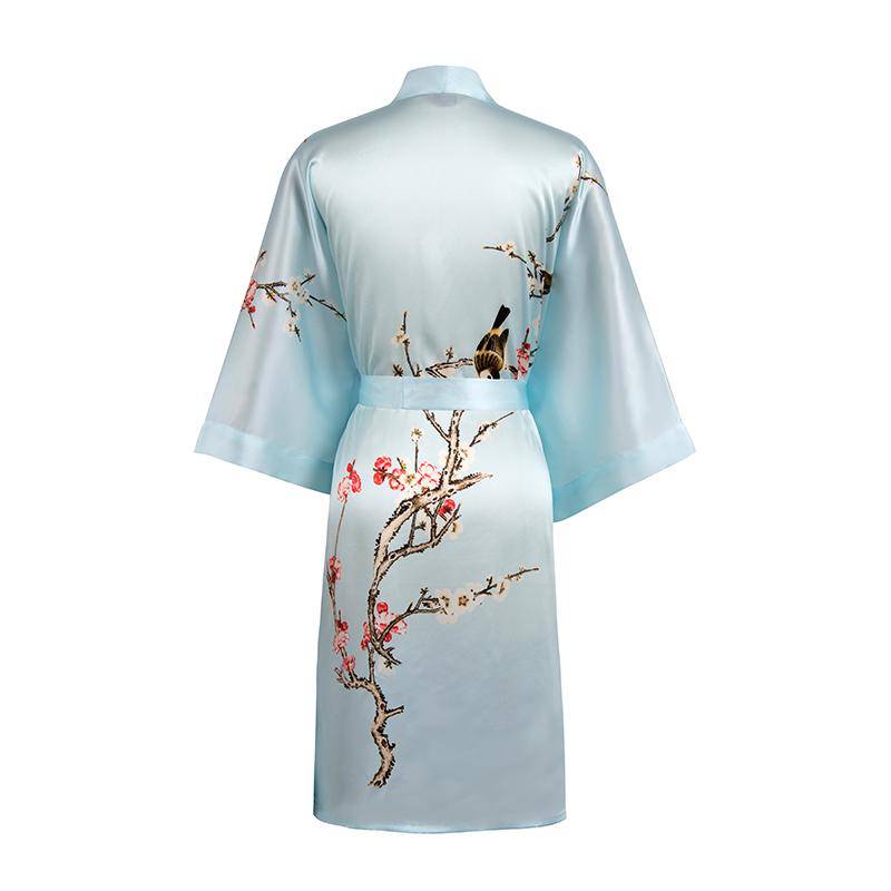 Short Silk Kimono Robe Cherry Blossom Silk Dressing Gown