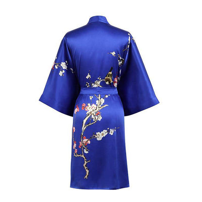 Short Silk Kimono Robe Cherry Blossom Silk Dressing Gown