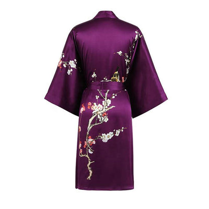 Short Silk Kimono Robe Cherry Blossom Silk Dressing Gown