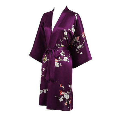 Short Silk Kimono Robe Cherry Blossom Silk Dressing Gown