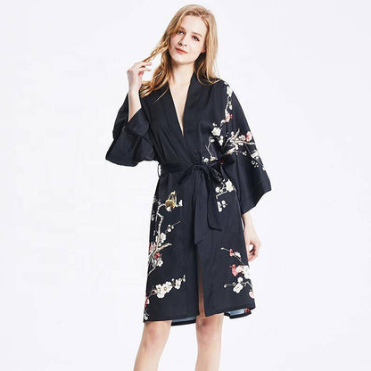 Short Silk Kimono Robe Cherry Blossom Silk Dressing Gown