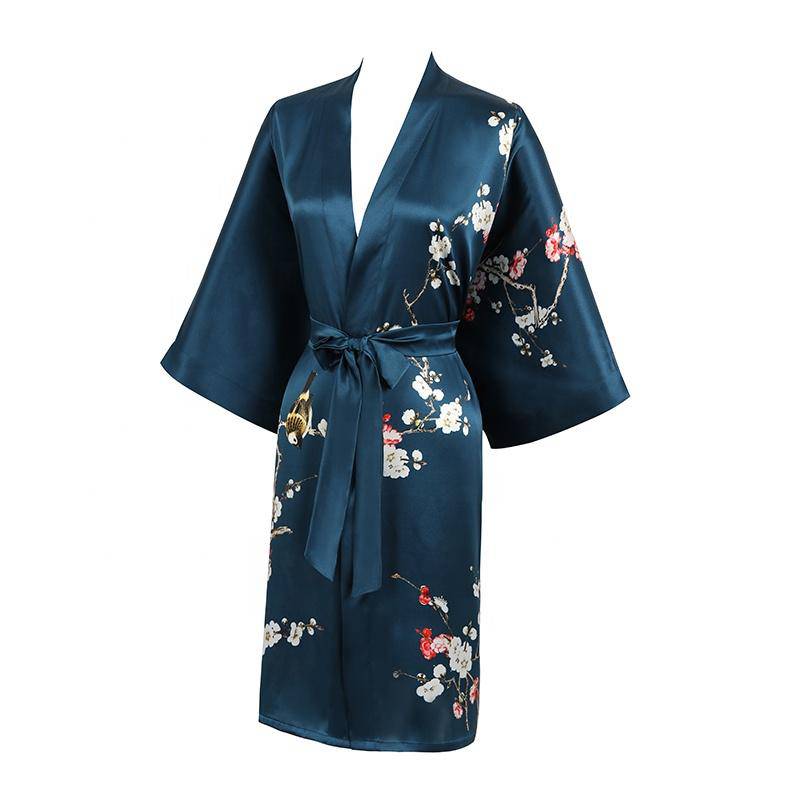 Short Silk Kimono Robe Cherry Blossom Silk Dressing Gown