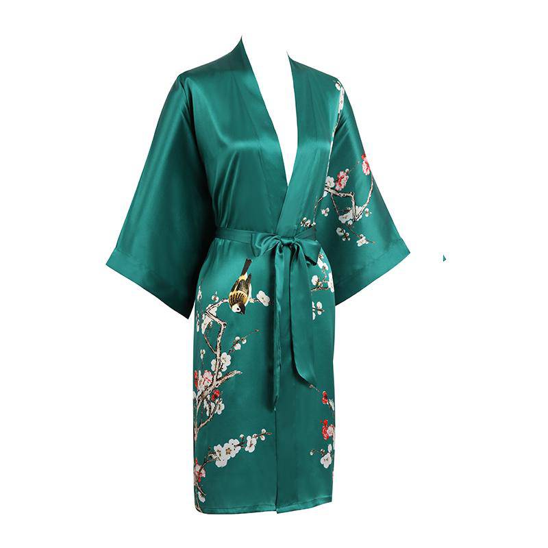 Short Silk Kimono Robe Cherry Blossom Silk Dressing Gown