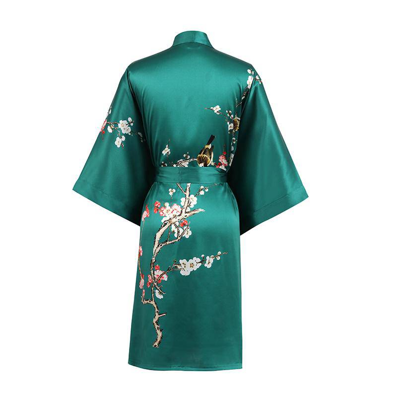 Short Silk Kimono Robe Cherry Blossom Silk Dressing Gown