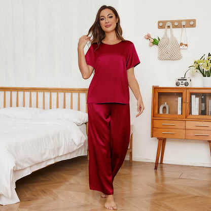 Short Sleeve Pure Silk Women's Pajama Set with Wide Leg Pants