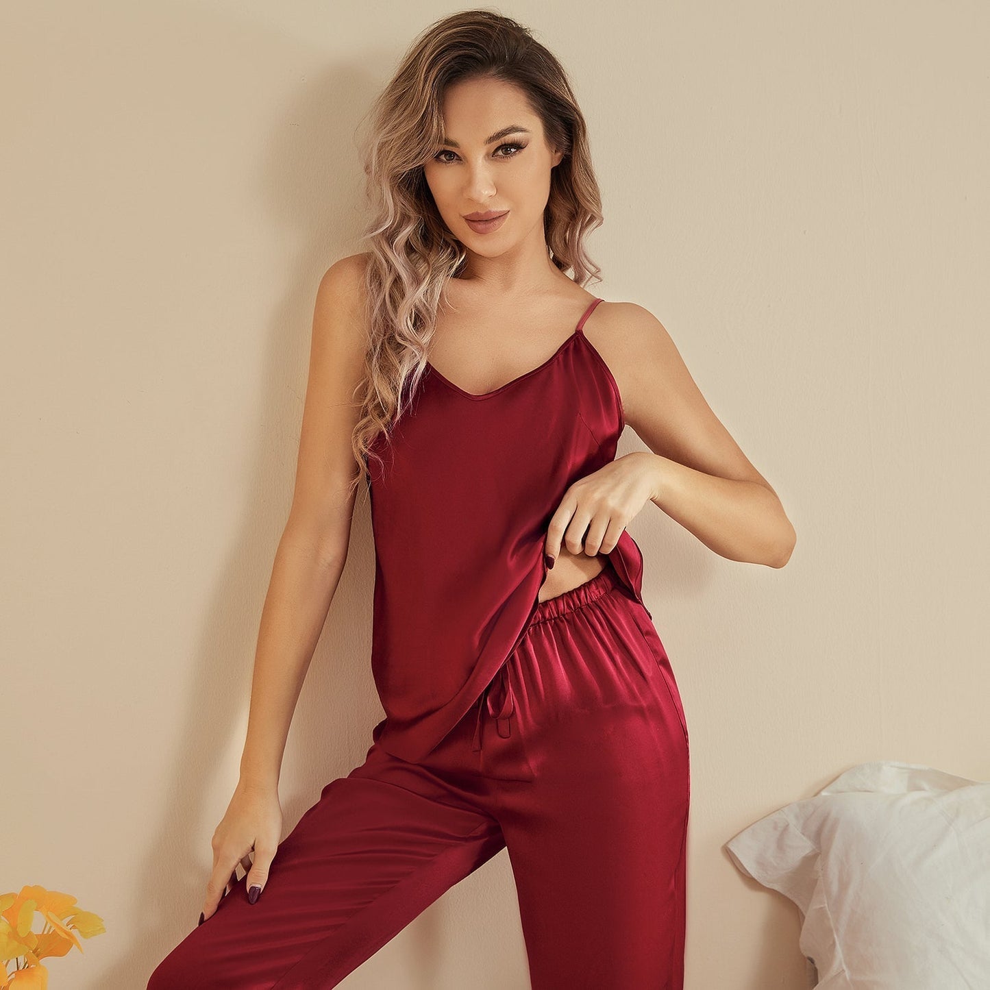 Silk Camisole Set For Women Mulberry Sleeveless V Neck silk Pajamas