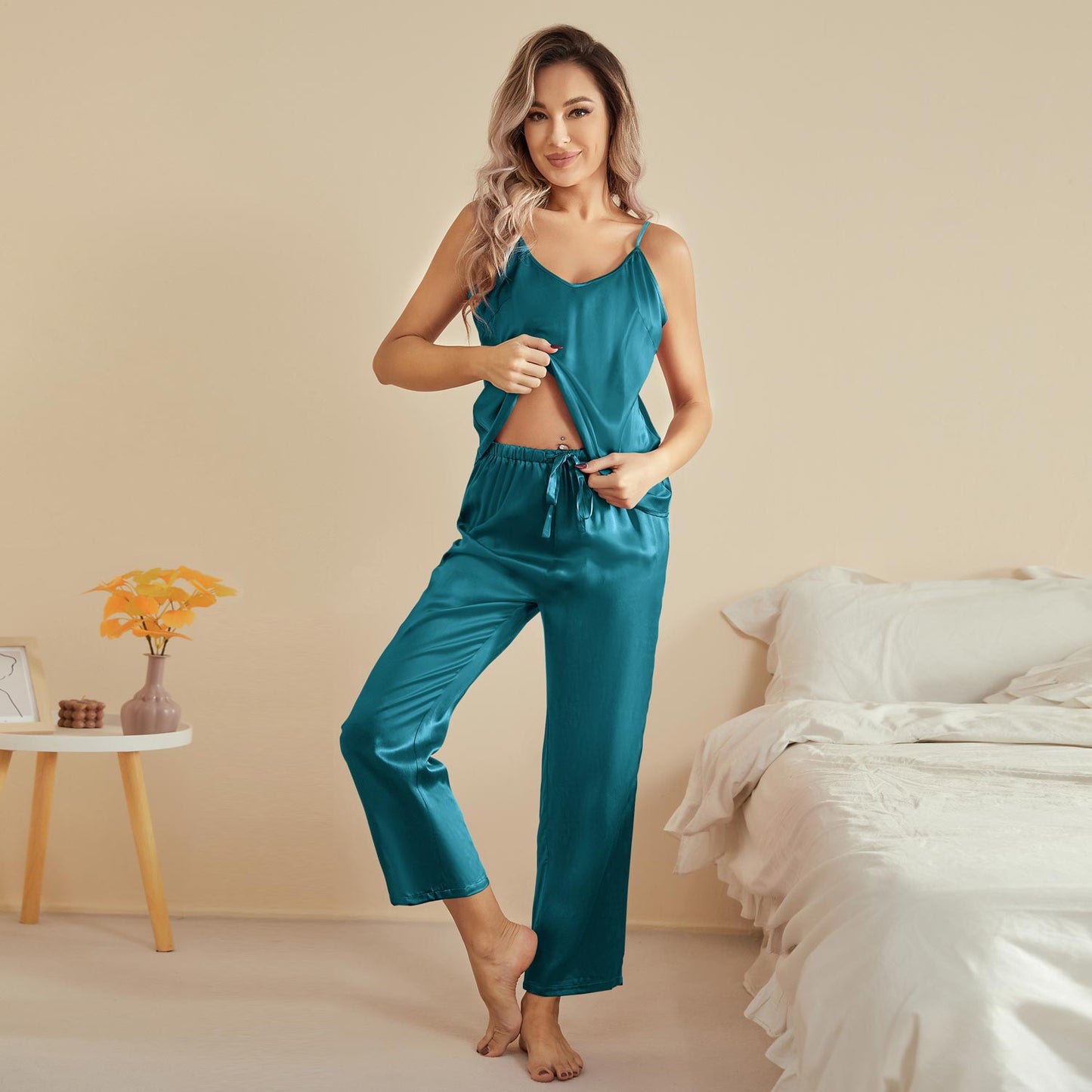 Silk Camisole Set For Women Mulberry Sleeveless V Neck silk Pajamas