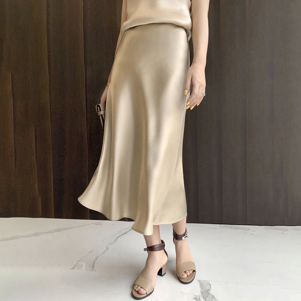 Silk Skirt for Women Elastic Waistband Silk Midi Skirts