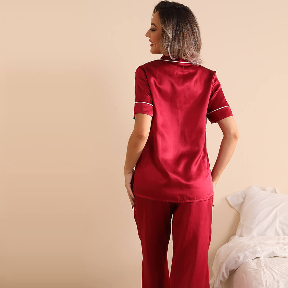 Silk two-piece short sleeve long pants Women's silk pajamas Set