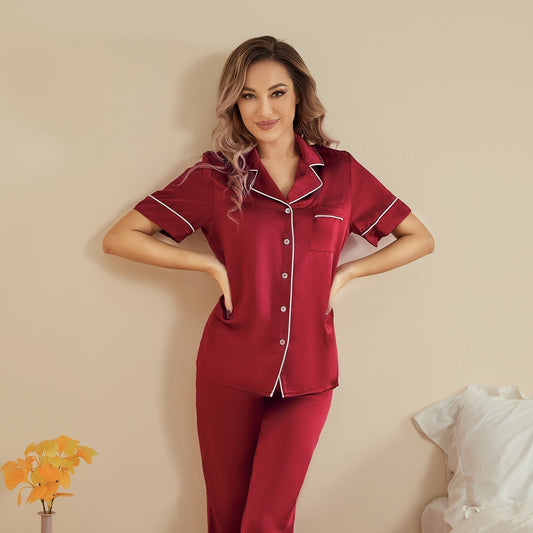 Silk two-piece short sleeve long pants Women's silk pajamas Set