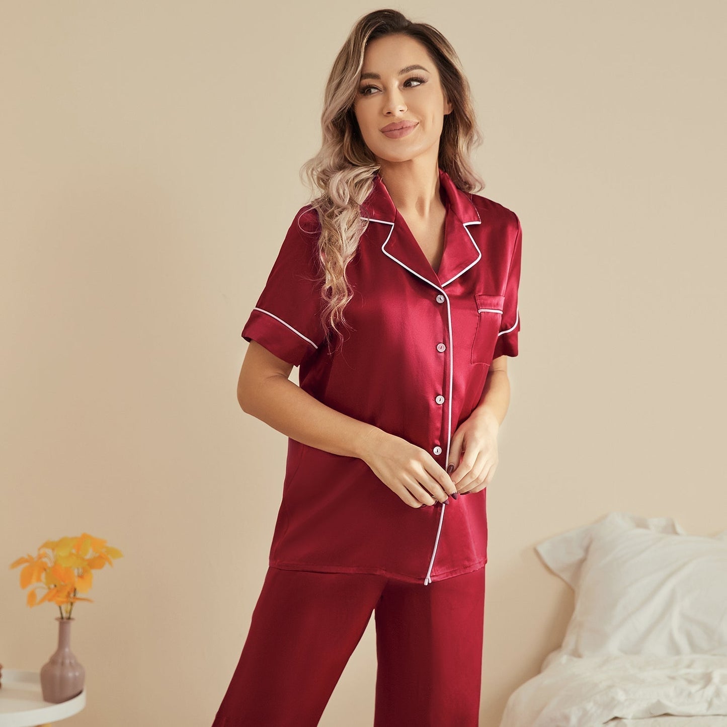 Silk two-piece short sleeve long pants Women's silk pajamas Set