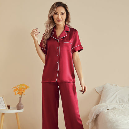 Silk two-piece short sleeve long pants Women's silk pajamas Set