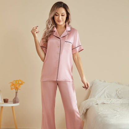 Silk two-piece short sleeve long pants Women's silk pajamas Set