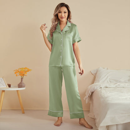 Silk two-piece short sleeve long pants Women's silk pajamas Set