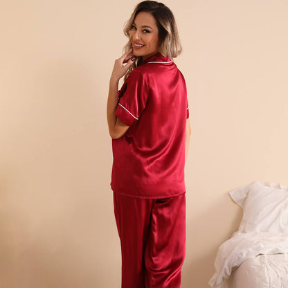 Silk two-piece short sleeve long pants Women's silk pajamas Set