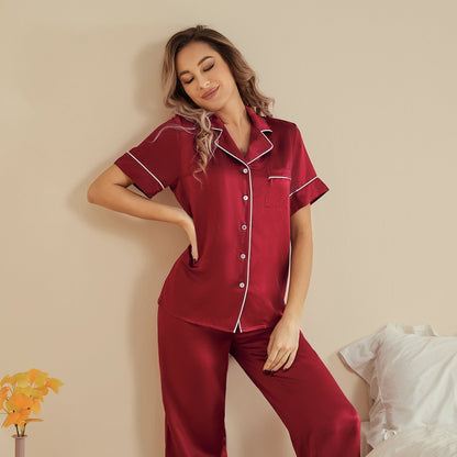 Silk two-piece short sleeve long pants Women's silk pajamas Set