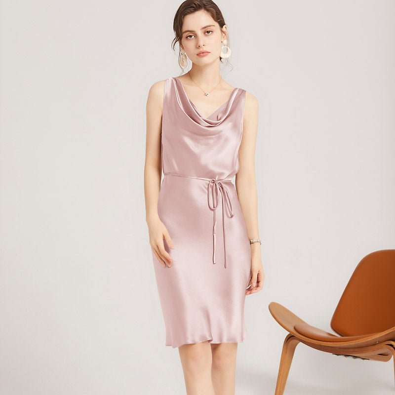 Sleeveless Cowl Neck Silk Midi Dresses Wedding Guest Party Dresses