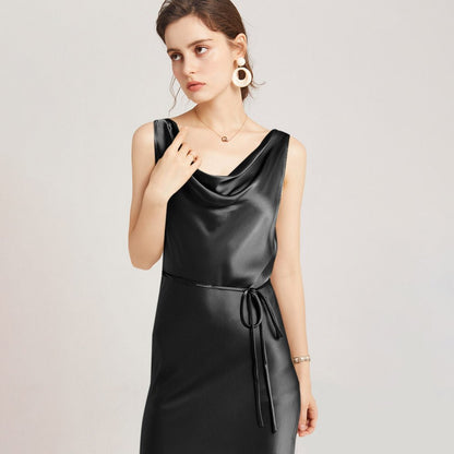 Sleeveless Cowl Neck Silk Midi Dresses Wedding Guest Party Dresses