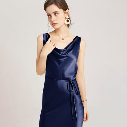 Sleeveless Cowl Neck Silk Midi Dresses Wedding Guest Party Dresses