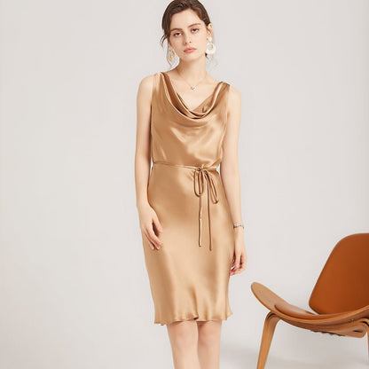 Sleeveless Cowl Neck Silk Midi Dresses Wedding Guest Party Dresses