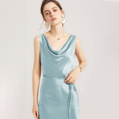 Sleeveless Cowl Neck Silk Midi Dresses Wedding Guest Party Dresses