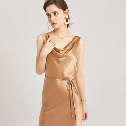 Sleeveless Cowl Neck Silk Midi Dresses Wedding Guest Party Dresses