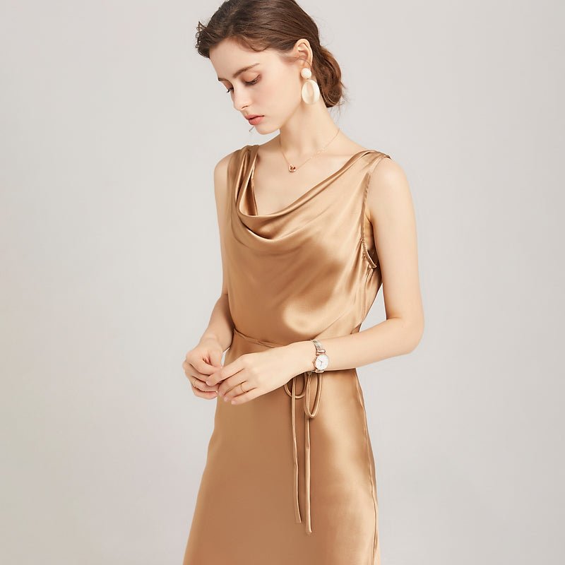 Sleeveless Cowl Neck Silk Midi Dresses Wedding Guest Party Dresses