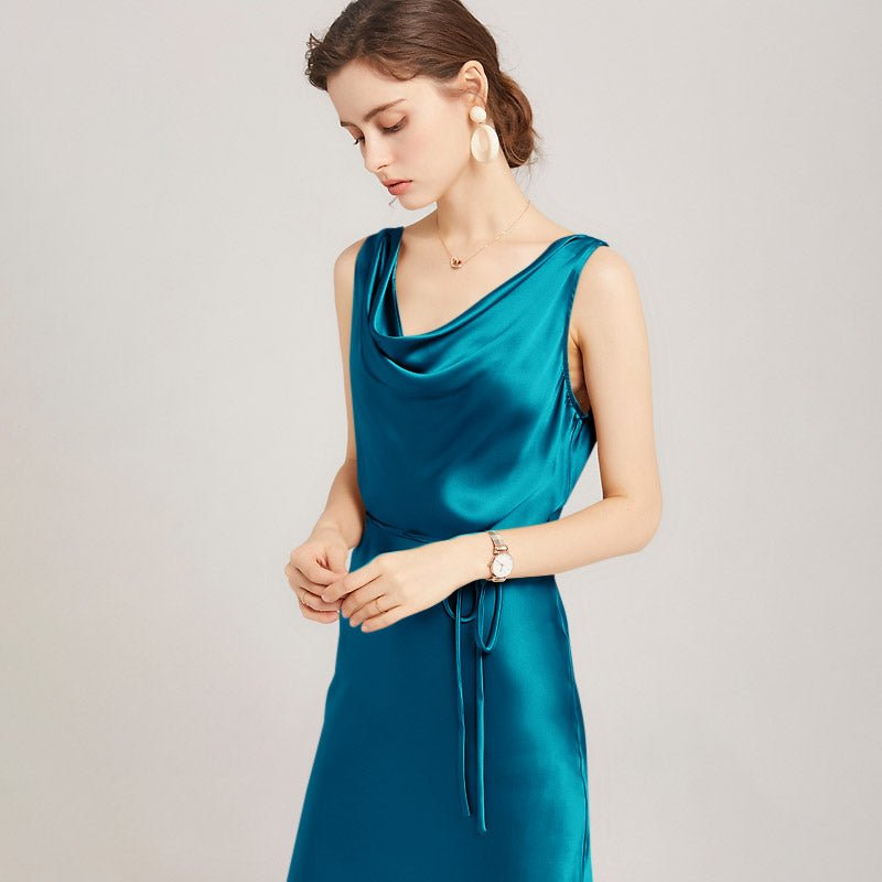 Sleeveless Cowl Neck Silk Midi Dresses Wedding Guest Party Dresses