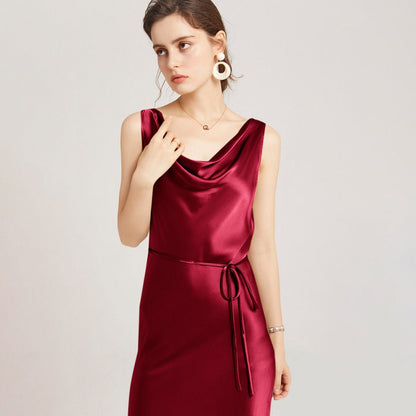 Sleeveless Cowl Neck Silk Midi Dresses Wedding Guest Party Dresses