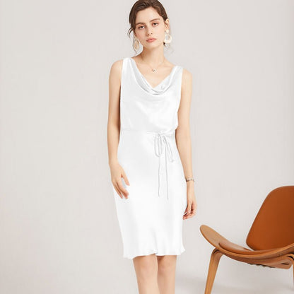 Sleeveless Cowl Neck Silk Midi Dresses Wedding Guest Party Dresses