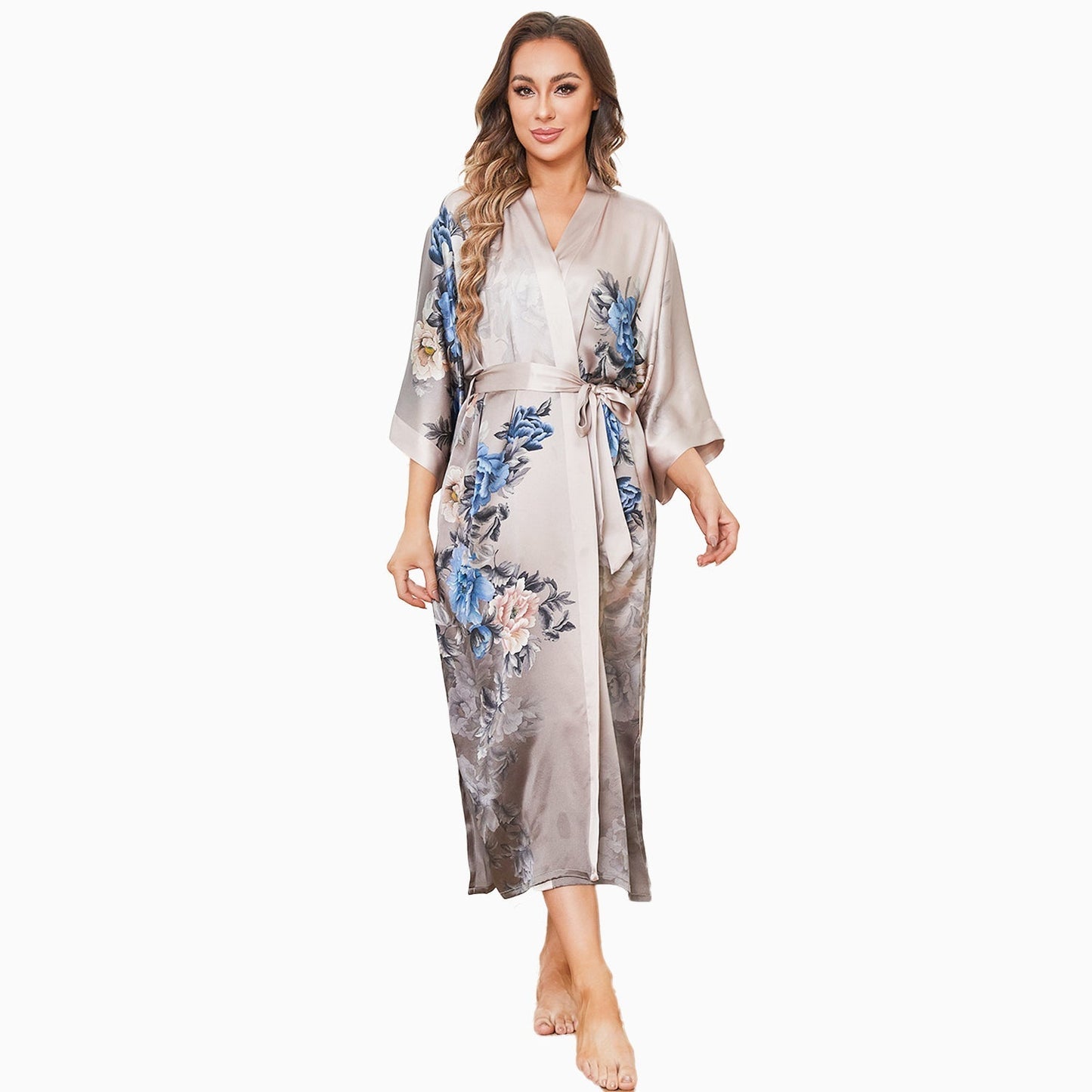 Taupe Ombre Women Luxury Blue Floral Print Long 100% Mulberry Silk Kimono Robe With Belt