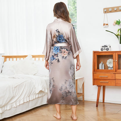 Taupe Ombre Women Luxury Blue Floral Print Long 100% Mulberry Silk Kimono Robe With Belt