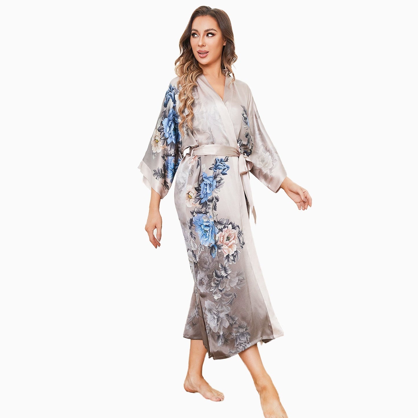 Taupe Ombre Women Luxury Blue Floral Print Long 100% Mulberry Silk Kimono Robe With Belt