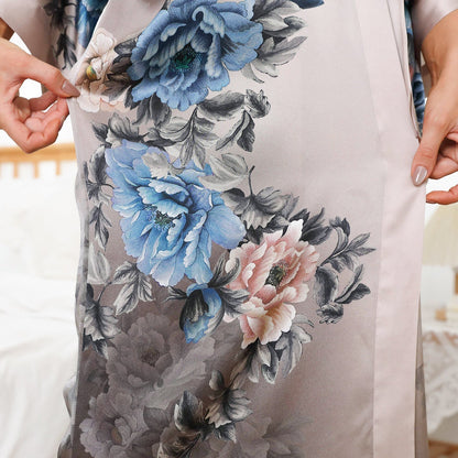 Taupe Ombre Women Luxury Blue Floral Print Long 100% Mulberry Silk Kimono Robe With Belt