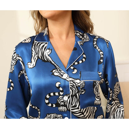 Tiger Silk Pajama Set 100% Mulberry printed silk pajamas for Women