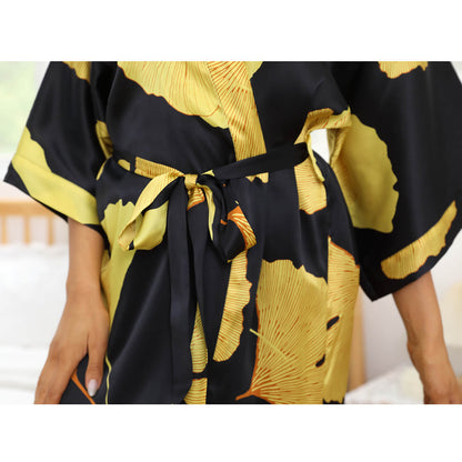 women 100% Mulberry Silk Robe Ginkgo Leaf pure silk kimono Robes