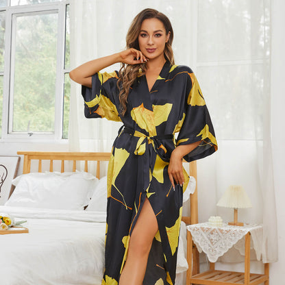 women 100% Mulberry Silk Robe Ginkgo Leaf pure silk kimono Robes