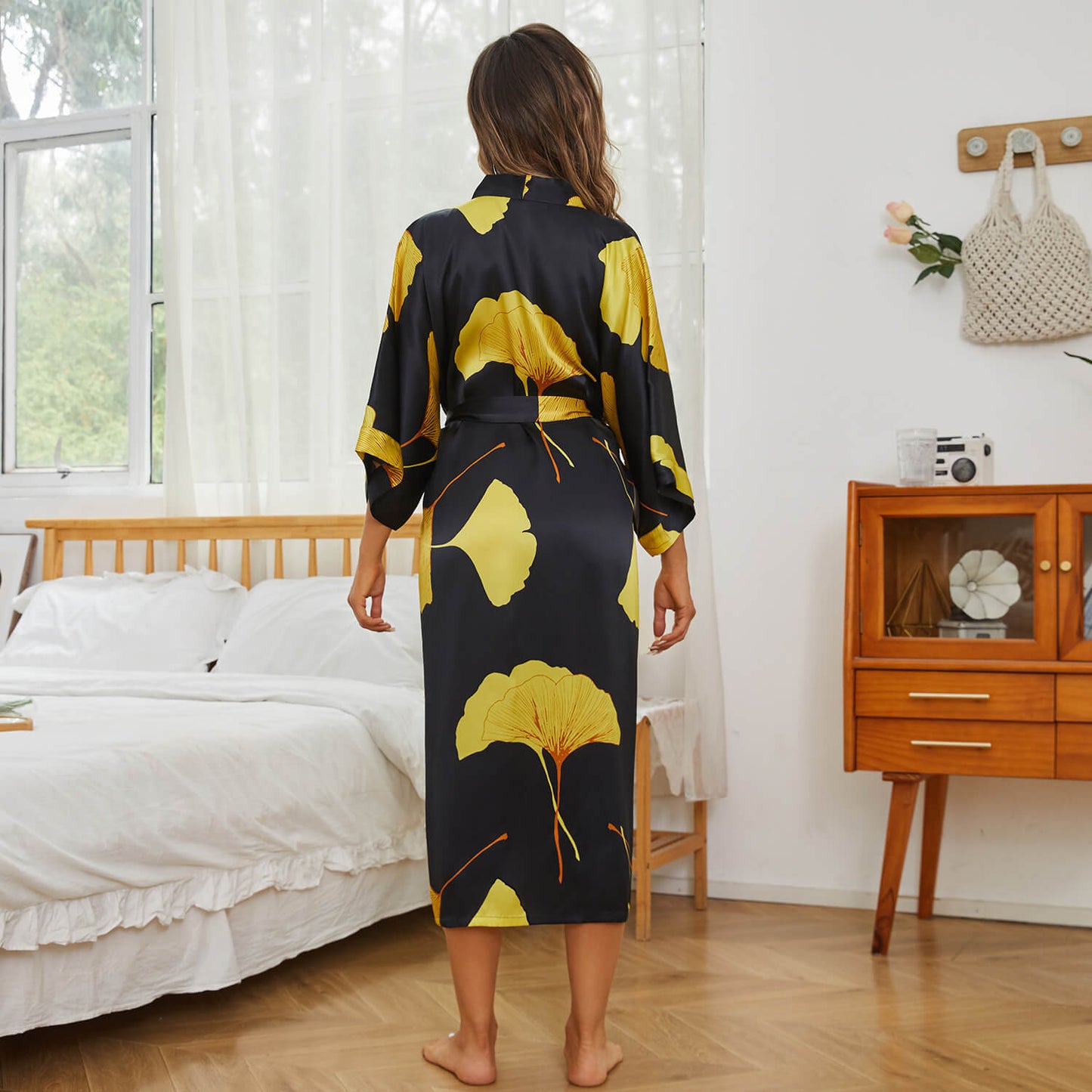 women 100% Mulberry Silk Robe Ginkgo Leaf pure silk kimono Robes